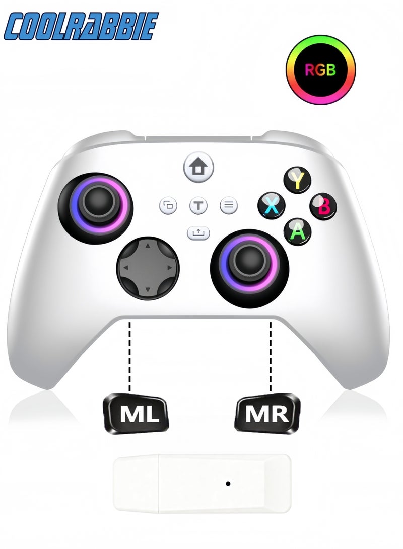 كول رابي وحدة تحكم ألعاب لاسلكية بتقنية RGB لأجهزة Xbox One و Xbox Series X/S و Xbox One X/S والكمبيوتر الشخصي، مزودة ببطارية 800 مللي أمبير، قابلة للبرمجة، وظيفة تيربو، 4 أوضاع إضاءة، مع محول لاسلكي بتردد 2.4 جيجاهرتز، وعصا تحكم بتقنية تأثير هول، لون أبيض. - Image 1
